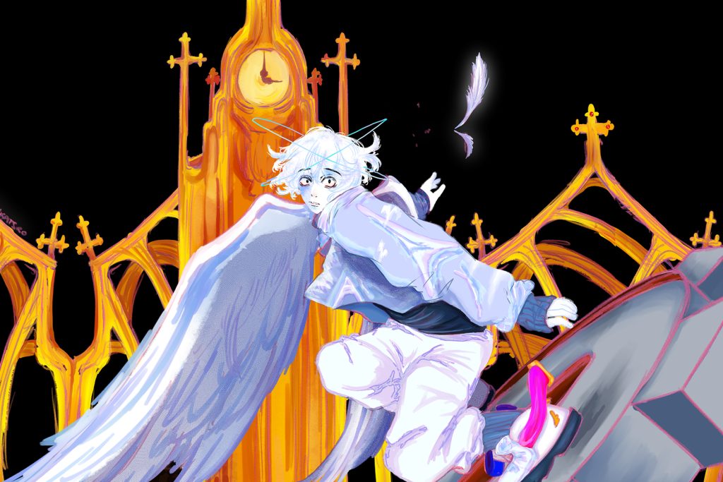 Student work by Anaïs Castro. An ethereal figure with white hair and wings flies in front of a golden gothic cathedral. The figure, wearing a light blue jacket and white trousers, is depicted in motion, with a singular feather falling nearby and a clock visible on the cathedral.