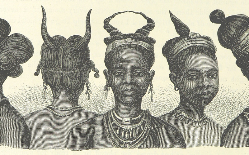 A vintage black and white illustration showcases five African women from different angles, each displaying unique, elaborate hairdressings. The hairstyles include intricate braids, loops, and decorative adornments. The text above partially describes a hair treatment process.