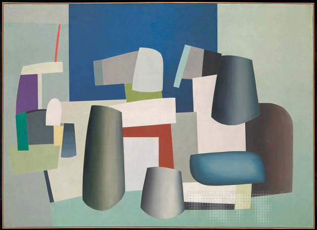 Abstract painting with geometric shapes in various colors, including blue, green, red, and gray. The composition features overlapping forms and a mix of curved and angular lines, set against a multicolored background.