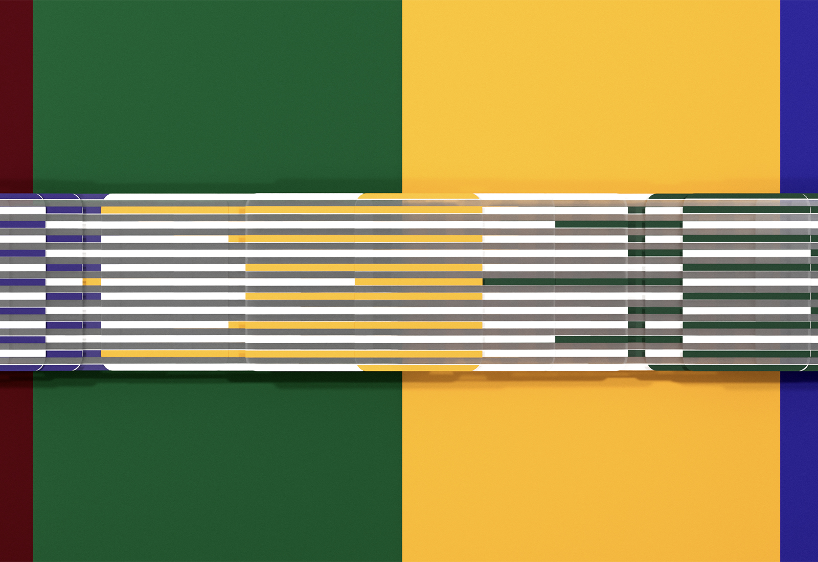 Abstract artwork featuring vertical and horizontal stripes over a background divided into four color blocks: maroon, green, yellow, and blue. The intersecting lines create a pattern of overlapping translucent rectangles.