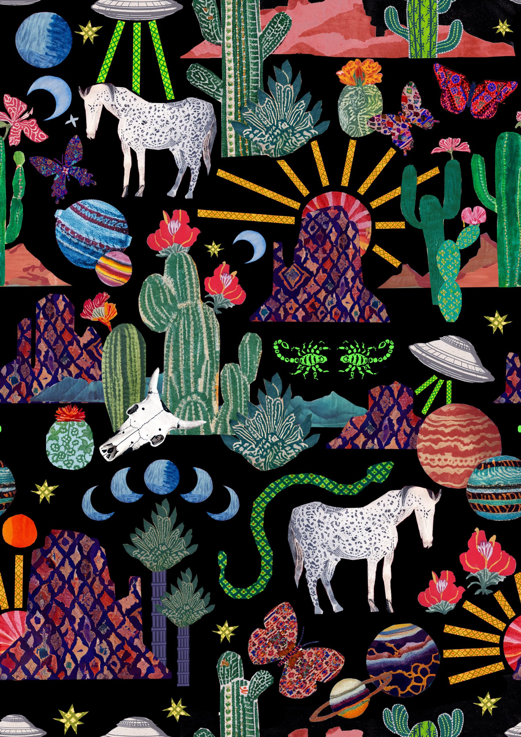 A whimsical, colourful pattern featuring white horses, cacti, alien spaceships, planets, and stars on a black background. The scene also includes mountains, moons, and various desert plants in vibrant shades.