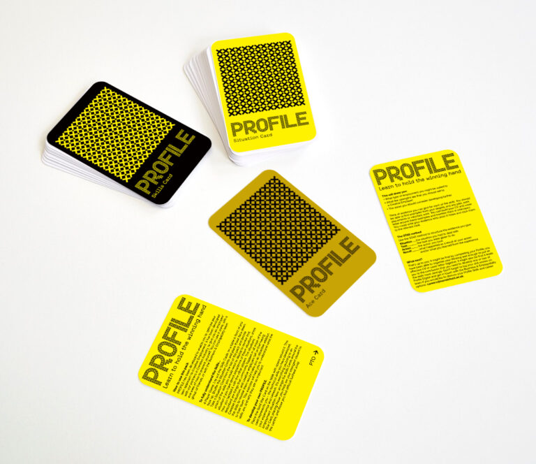 Card game featuring the text 'Profile' with guidance and information on preparing 'the winning hand'