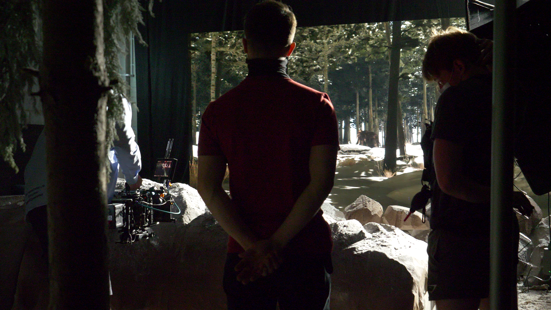 Two people have their backs to the camera, silhouetted against a large screen in front of them which shows a snowy forest.