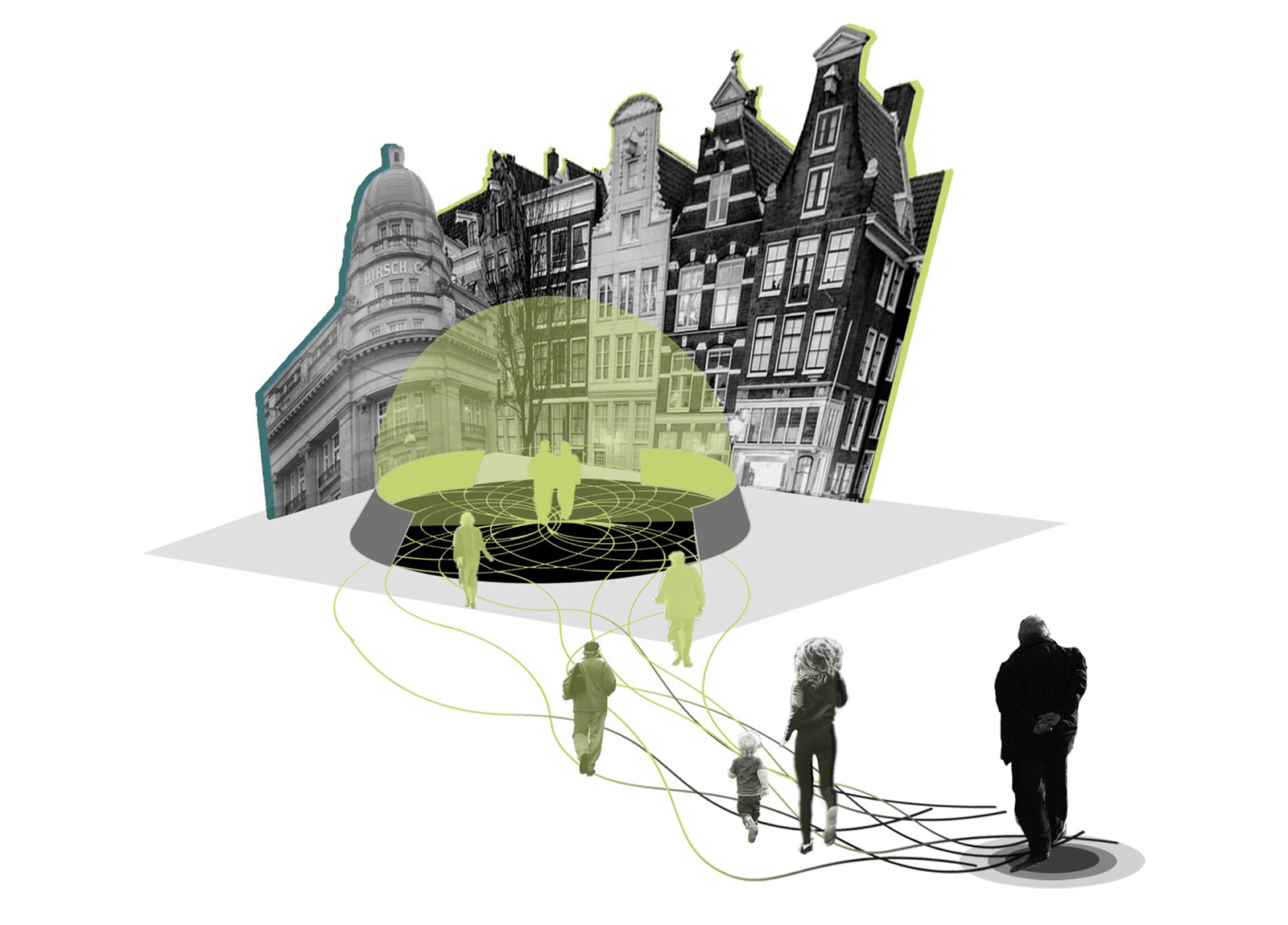 A collage shows people walking toward a glowing green dome in front of black-and-white buildings, with lines connecting them to the dome, symbolizing connection in an urban environment—much like ideas sparked by earning an interior design degree.