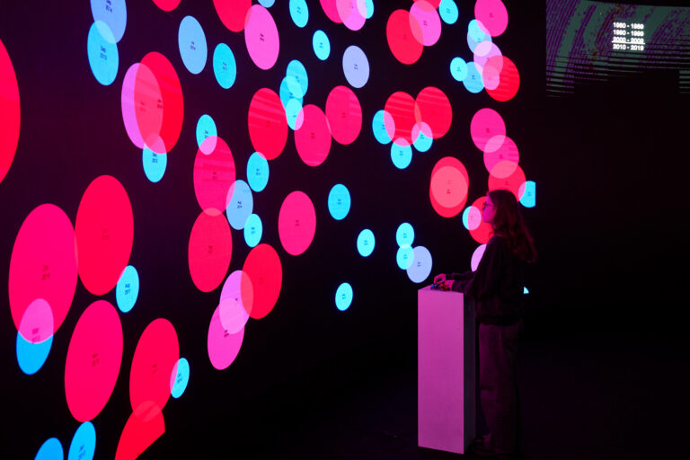 A photo of a student standing at a plinth in front of a 30ft screen in a dark immersive lab. On the screen are multiple pink and blue circles of data.