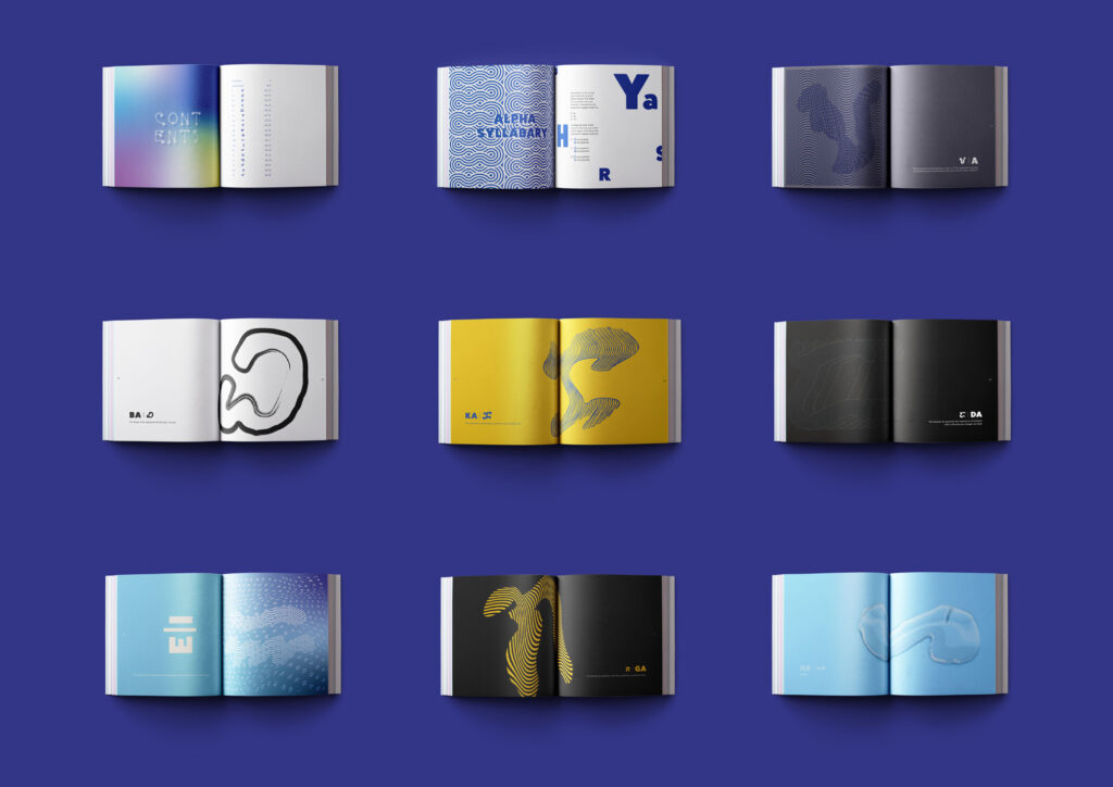 A mockup of 9 editorial spreads inside of a book open on a blue background. Each design shows a mixture of abstract illustration and typography