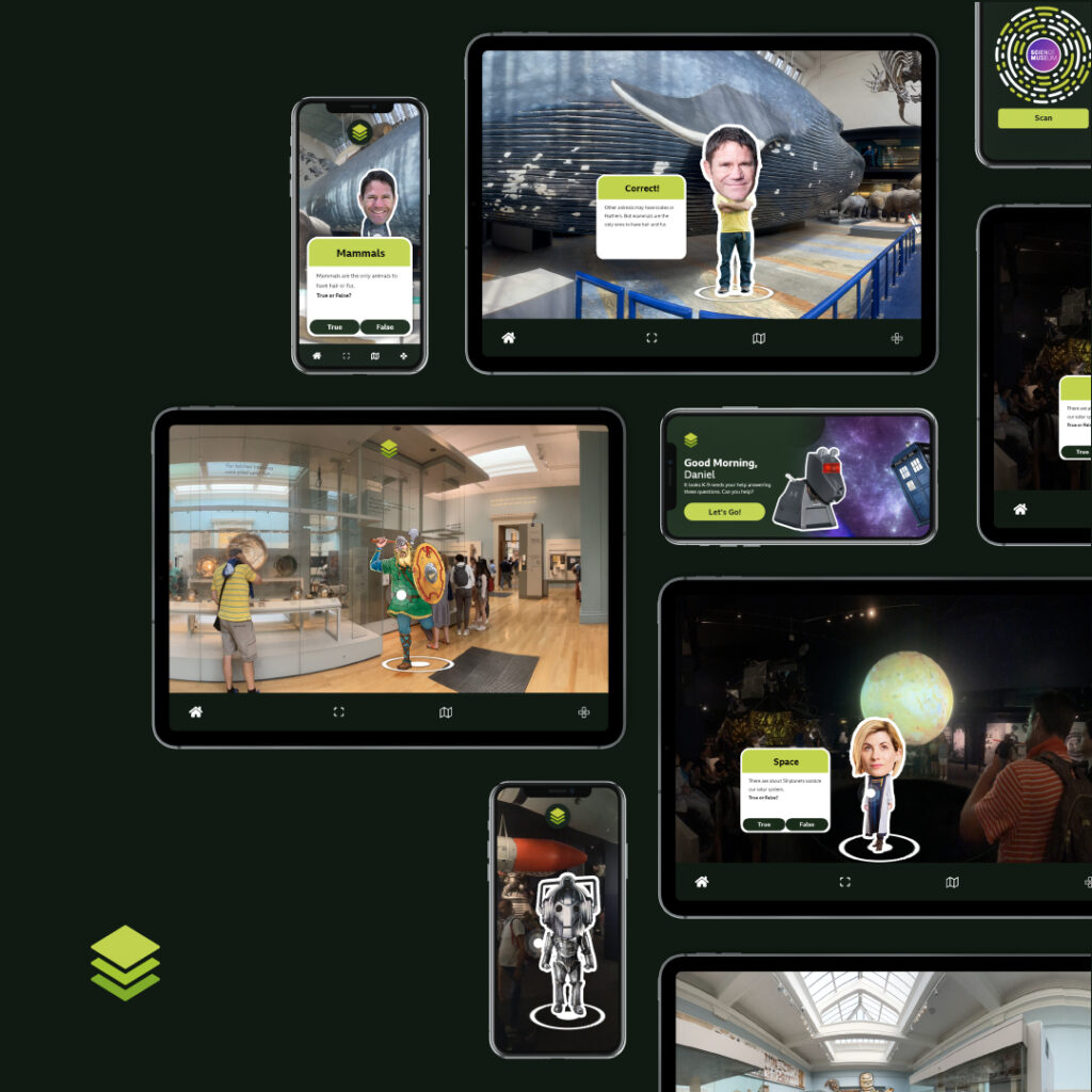 A mockup of iPad and mobile phone apps for BBC Bitesize learning on a dark green background. The apps show various video clips and augmented reality design of characters, with popups of information for learning