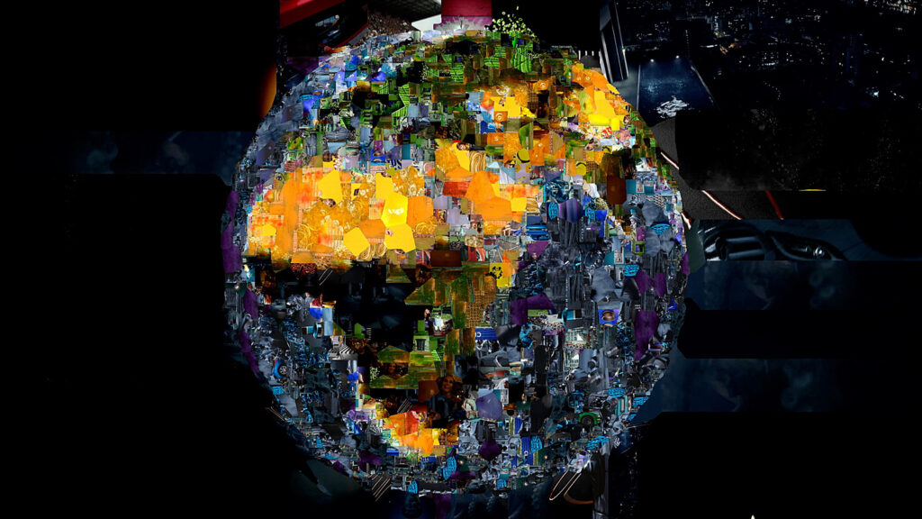 An abstract collage of the earth, made out of multiple coloured images pieced together in the centre of the frame