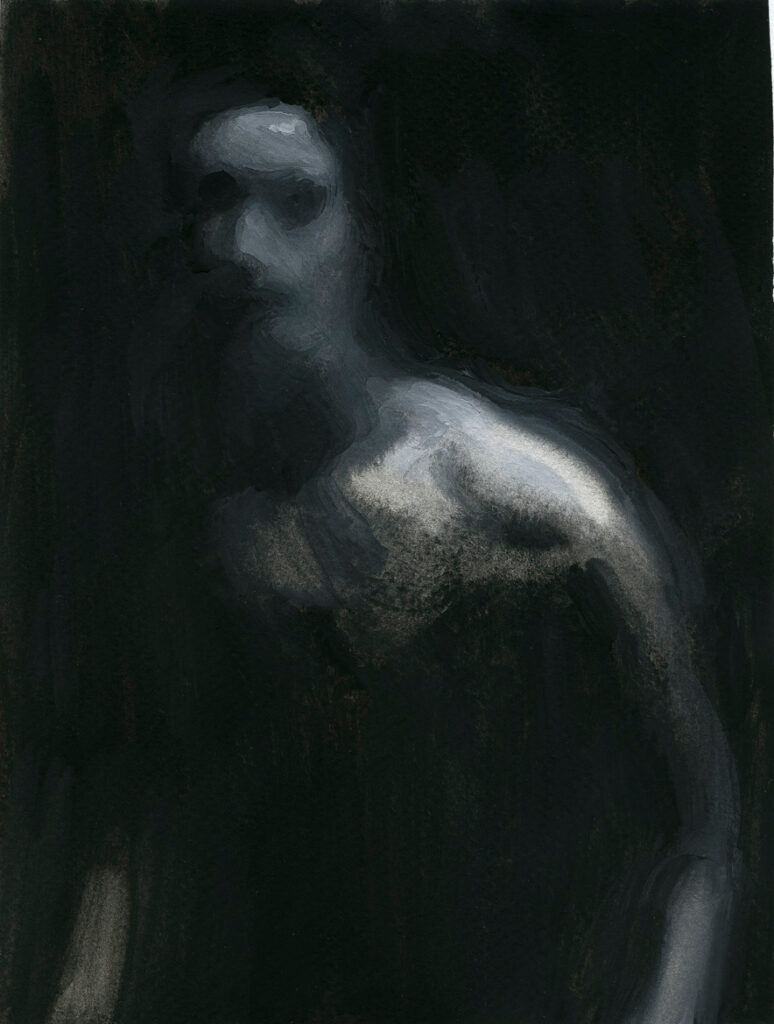 A painting of a figure in heavy shadow. The only visible part of the figure is the shoulder and chest, with a hint of a face. The painting is made predominantly from black, dark grey and white paint.