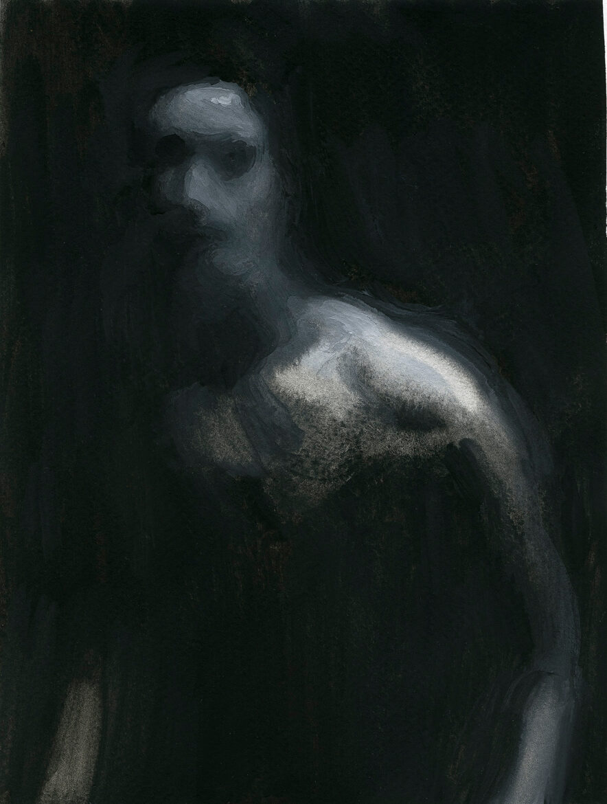 A painting of a figure in heavy shadow. The only visible part of the figure is the shoulder and chest, with a hint of a face. The painting is made predominantly from black, dark grey and white paint.