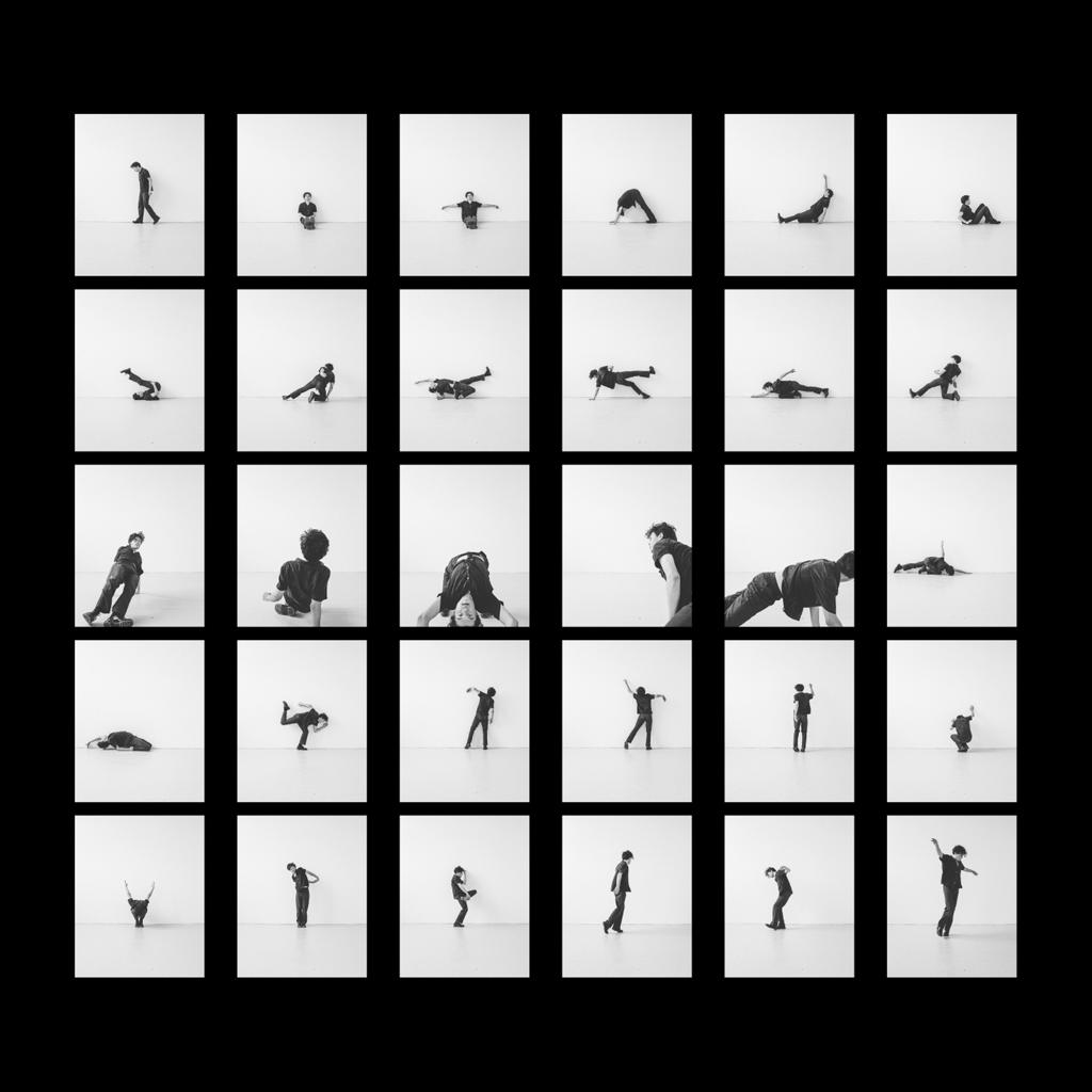 A contact sheet of black and white images, featuring the artist in a series of positions