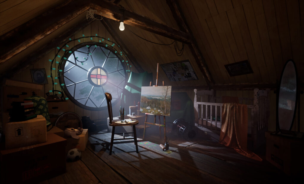 A scene from a game design showing an attic room with a large circular window in the centre of the wall. The frame of the window shows a star shape in the circle of the glass. The room has exposed wooden vaulted beams, a cot with a blanket draped over and boxes. Placed in front of the window and underneath a single lightbulb is a wooden dining chair and easel, which has a painting of a landscape on it