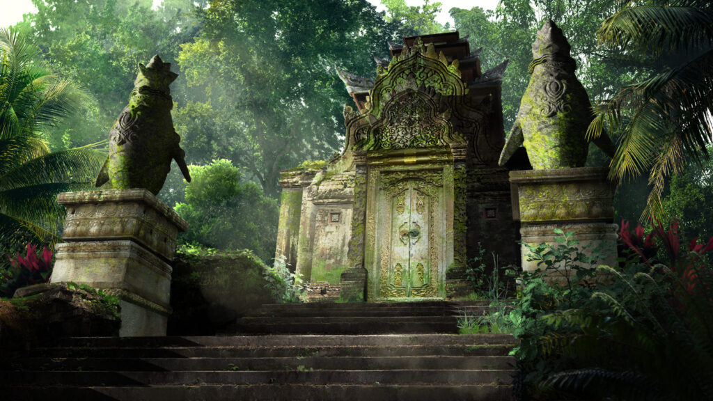 A game scene depicting an outdoor stone structure upon some stone steps, set in a forest. The stone building is covered in moss and algae Halfway down the steps, at either side stand two large stone sculptures of penguins wearing crowns, also covered in moss and algae.