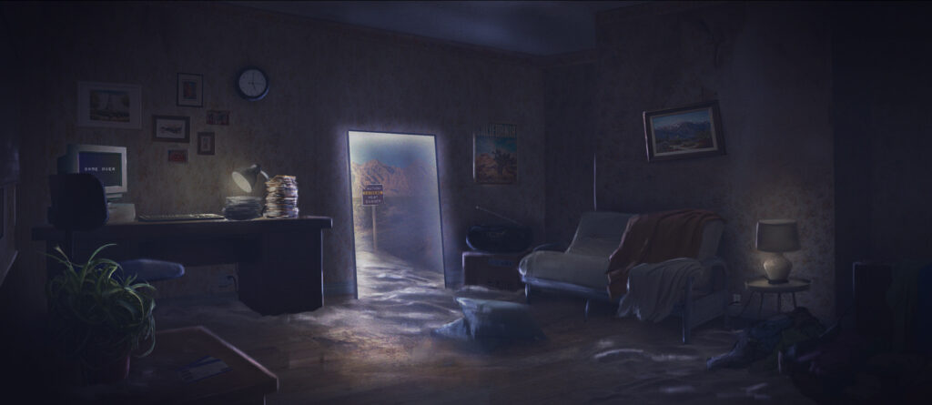 A game scene showing a typical room with a desk and computer, a sofa with a blanket, pictures on the wall, plants and lamps. In the middle of the wall is an open door with light coming tthrough. Through the door is a desert landscape with a road sign.