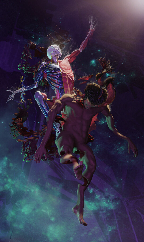 A digital depiction of a body suspended in a starry blue sky against the northern light. The body is slumped forwards. Extruding from the boy is an anatomical figure - half skeletal, half muscular, reaching upward into the sky