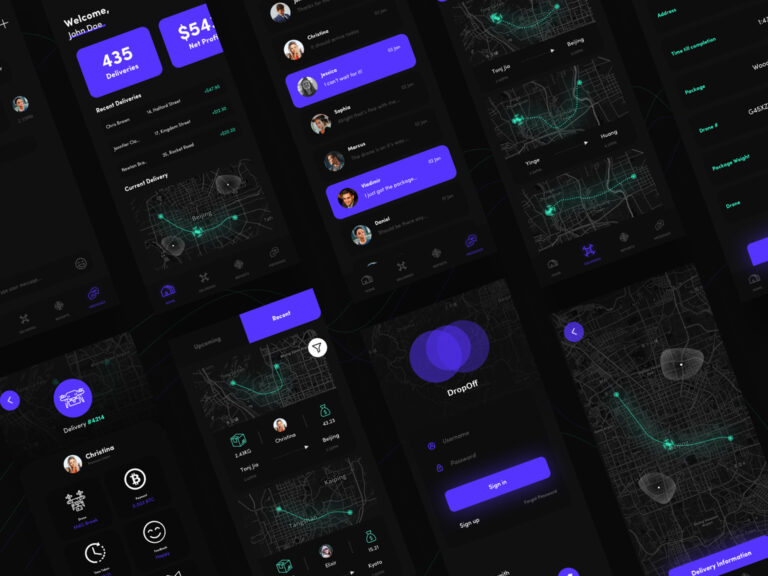 A mockup of a series of screens on a digital app, in black, purple and green colours