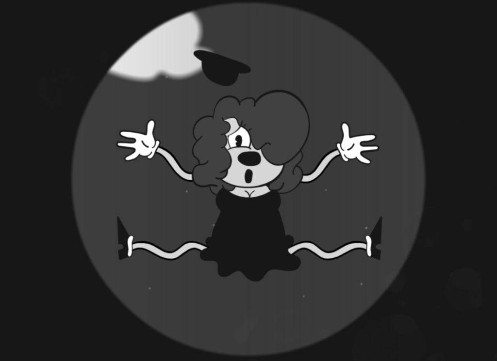 A black-and-white cartoon image depicts a character with curly hair, gloves, and a dress with their arms and legs out to the side, suspended in mid air. The character's hat has fallen off and is floating above their head