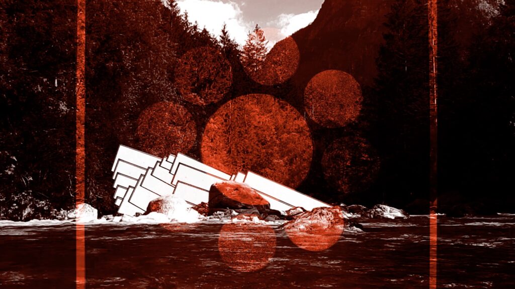 A still image of rocks at a lakeside shot from the water, in a black and red tone. A layer of circles is over the centre of the image, creating an offset colourway increasing the vibrance of the colour palette. Amongst the rocks is an illustration of white shapes pointing upwards from the water.