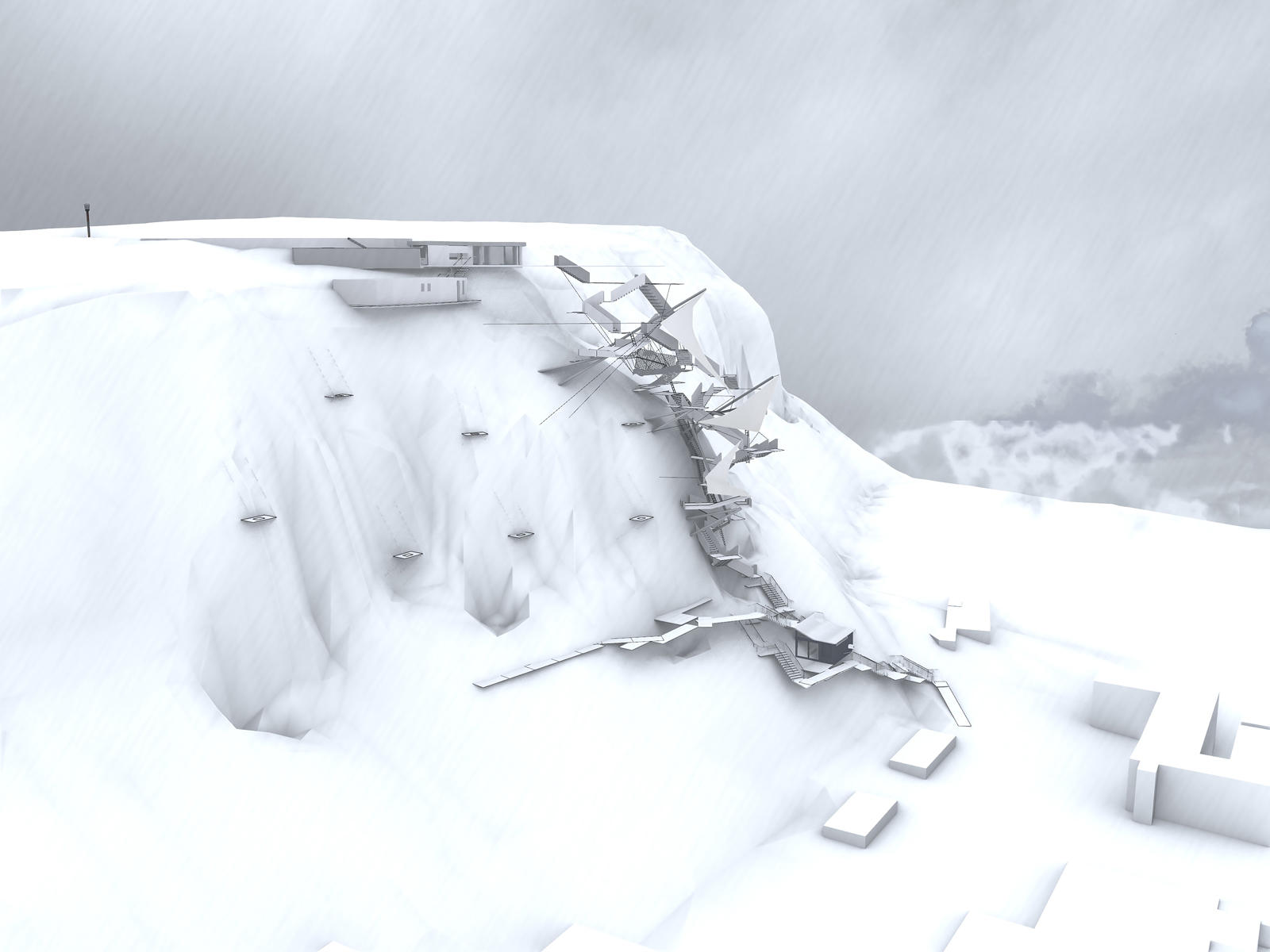 An architectural render of a snowscape, with a structure built from stairs, building pods and beams, built into the side of a snow pile.