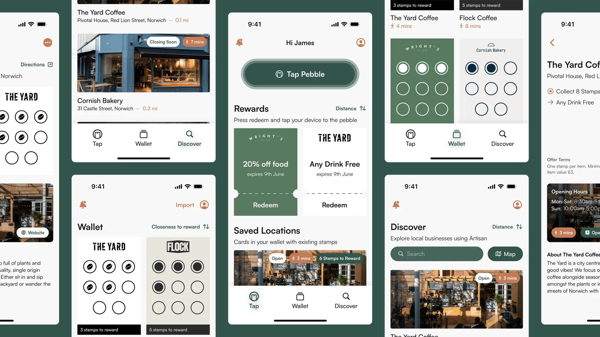 A mobile app interface for a coffee shop loyalty program, showing screens for loyalty stamps, rewards, saved locations, wallet, and discovering new cafes. The design features green and beige tones with clear icons and buttons.