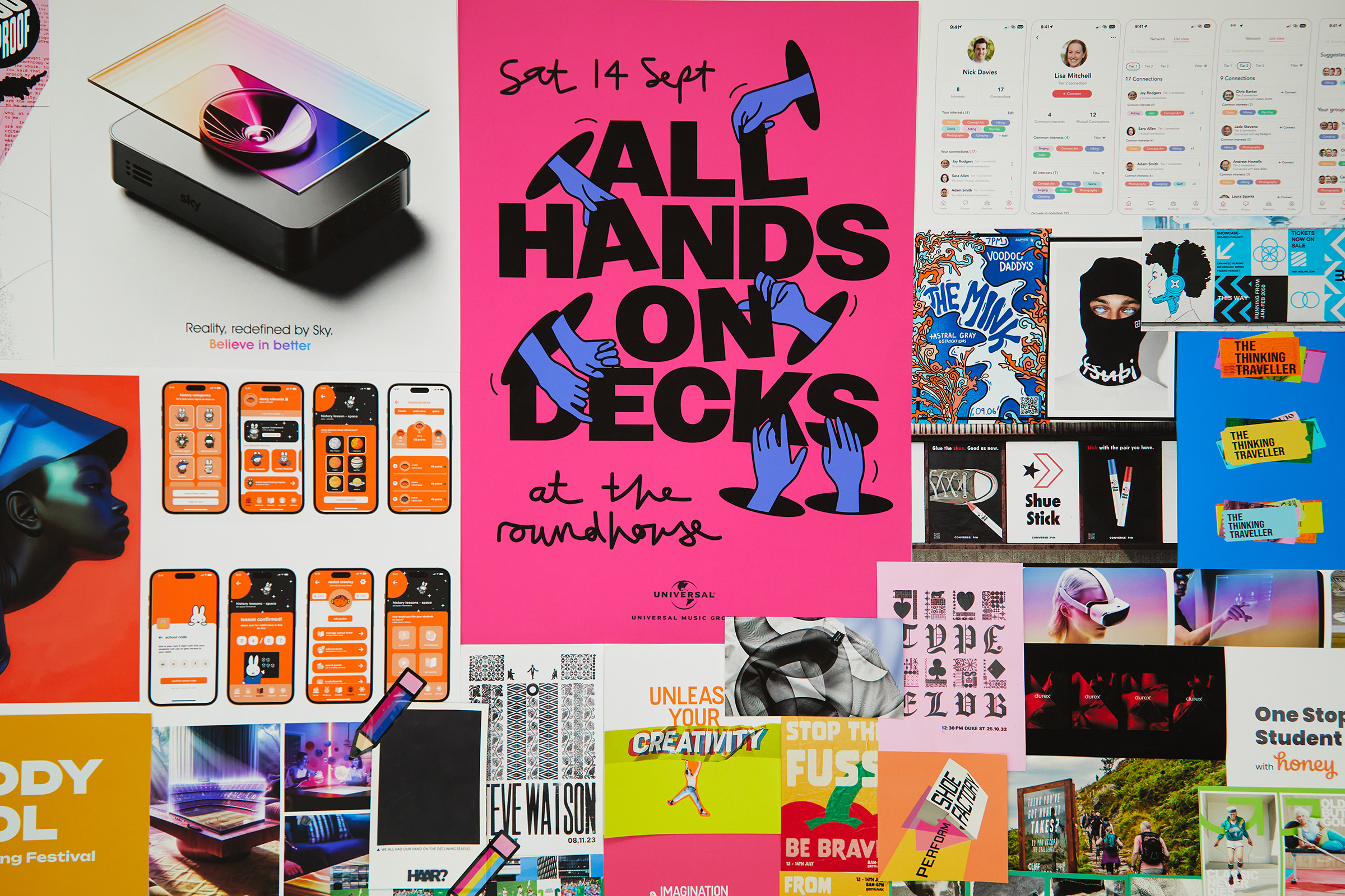 A colorful collage of posters and flyers on a wall, featuring a large pink poster in the center that reads "All Hands on Decks at the Roundhouse" with illustrated hands around the text. Other posters show apps, products, and creative designs.