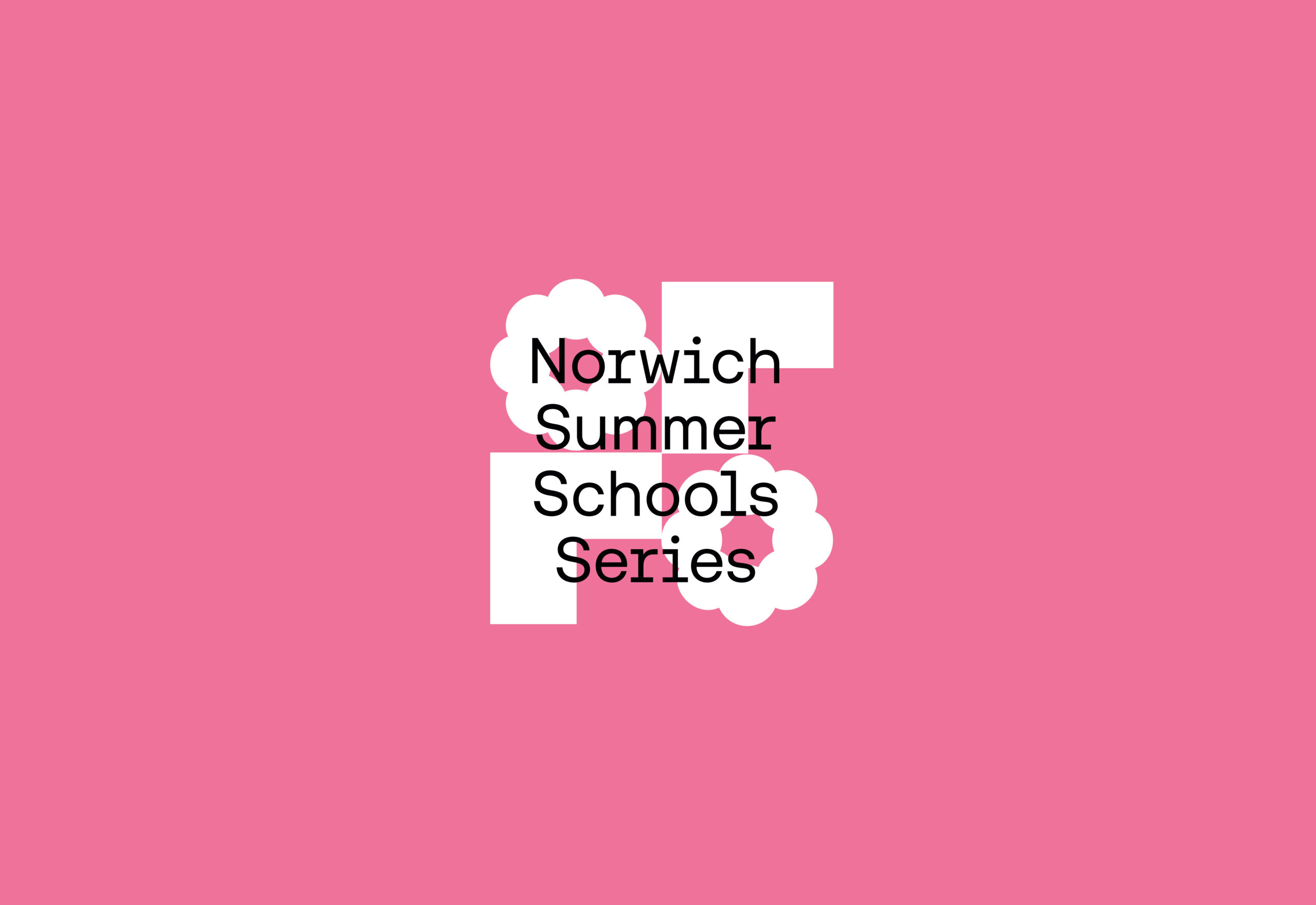 Pink background with abstract white shapes and the text "Norwich Summer Schools Series" in black, centered on the image.