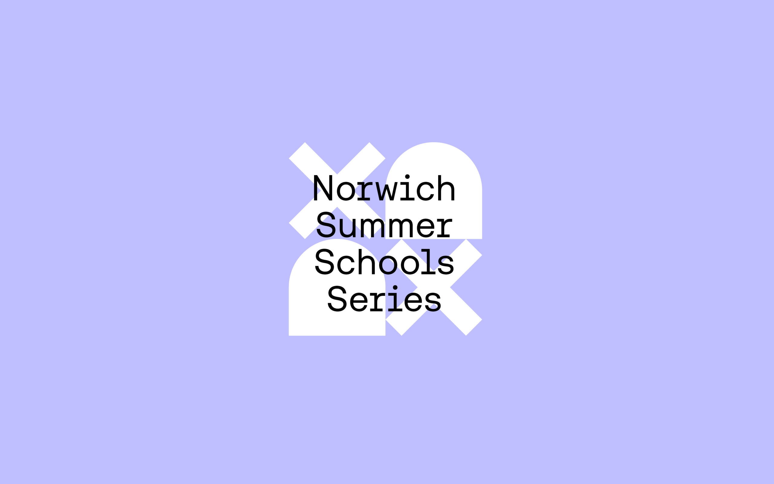 Text reading "Norwich Summer Schools Series" is overlaid on an abstract, geometric background with white shapes on a light purple backdrop, highlighting an upcoming creative arts workshop.