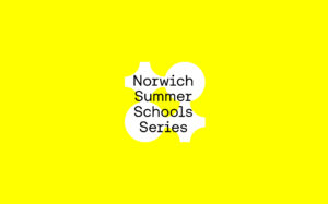 Bright yellow background featuring bold black text in the center, reading "Norwich Summer Schools Series" over a white abstract shape.