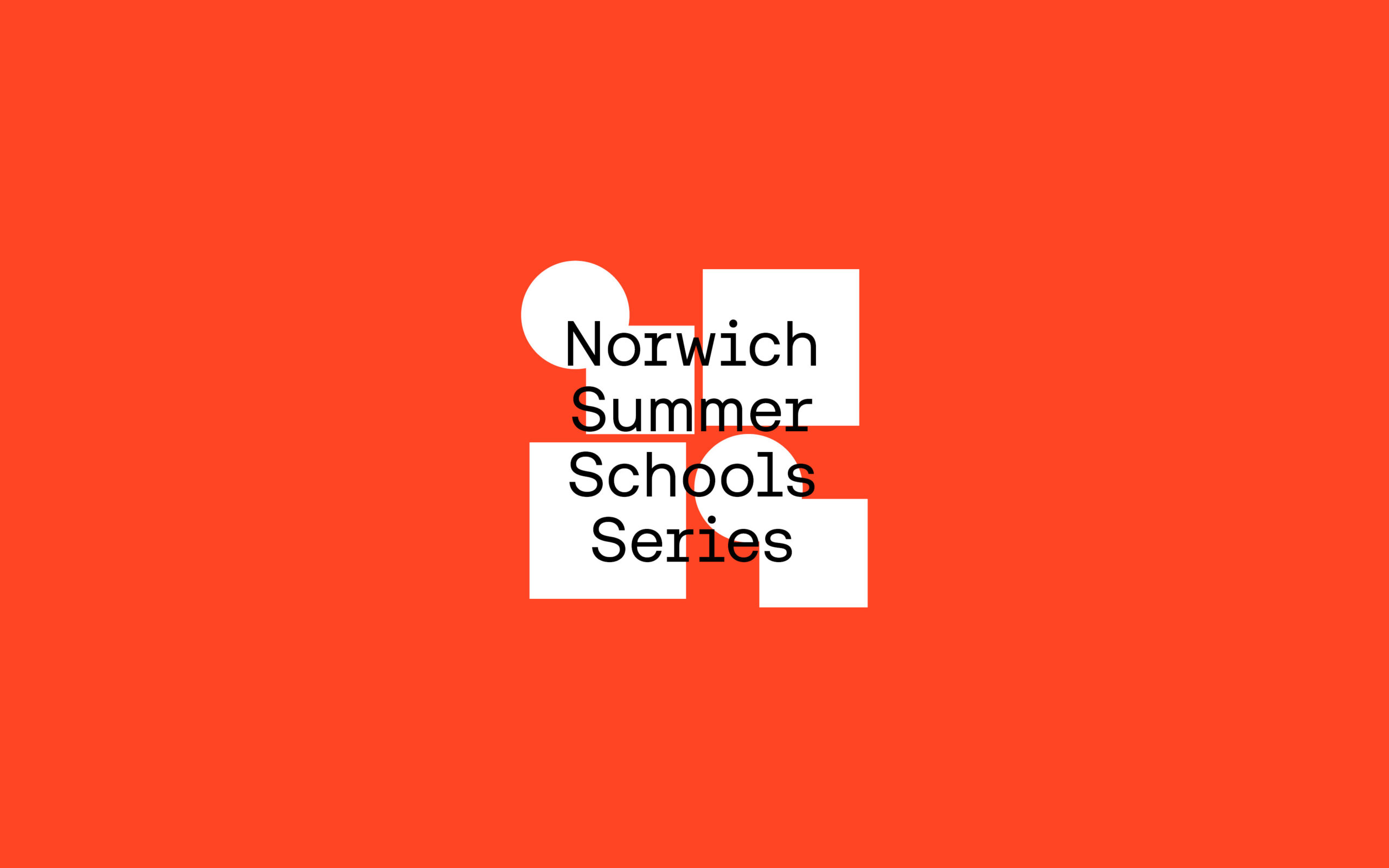 Red background with white geometric shapes forming a symmetrical pattern. Black text overlaid reads "Norwich Summer Schools Series.