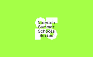 Bright green background with the text "Norwich Summer Schools Series" in black font, overlaying white cloud-like shapes.