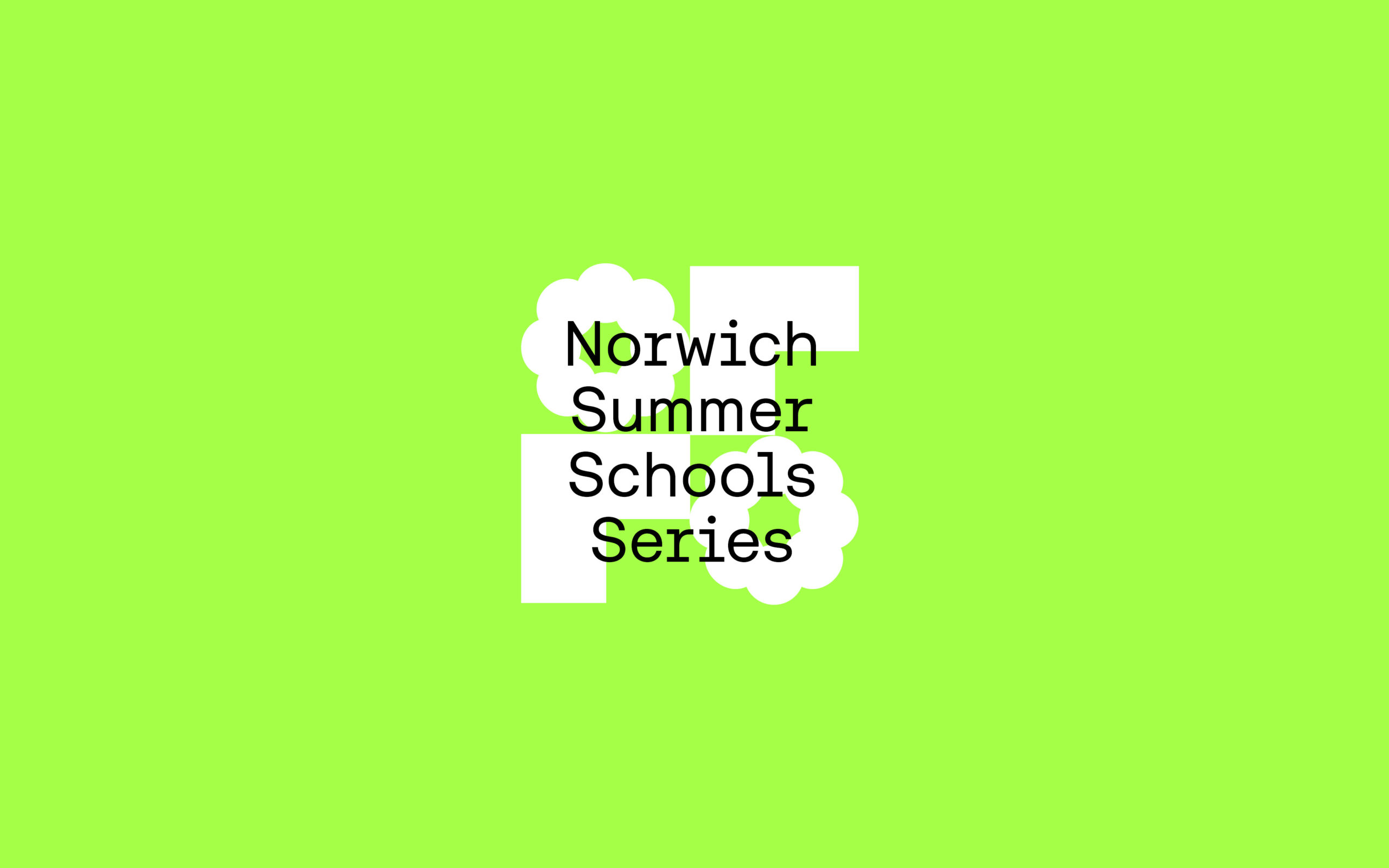Bright green background with the text "Norwich Summer Schools Series" in black font, overlaying white cloud-like shapes.