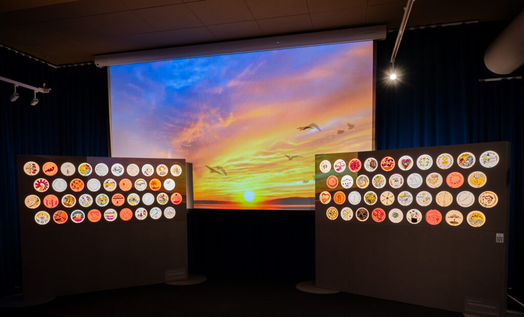 An exhibition display features two panels with colorful circular artworks, set in front of a large screen showing a sunset sky with birds flying. The room is dimly lit, highlighting the vibrant designs.