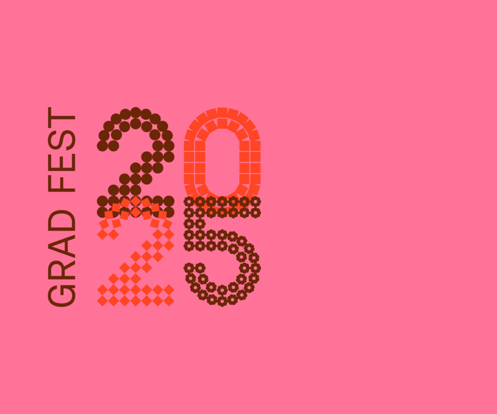 Pink background with "GRAD FEST" written vertically and large, patterned numbers "2025" in red and brown, symbolizing a graduation celebration for the class of 2025.