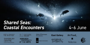Silhouettes of fish swimming in sunlit ocean water with text: "Shared Seas: Coastal Encounters, 4–6 June" and sponsor logos at the bottom.