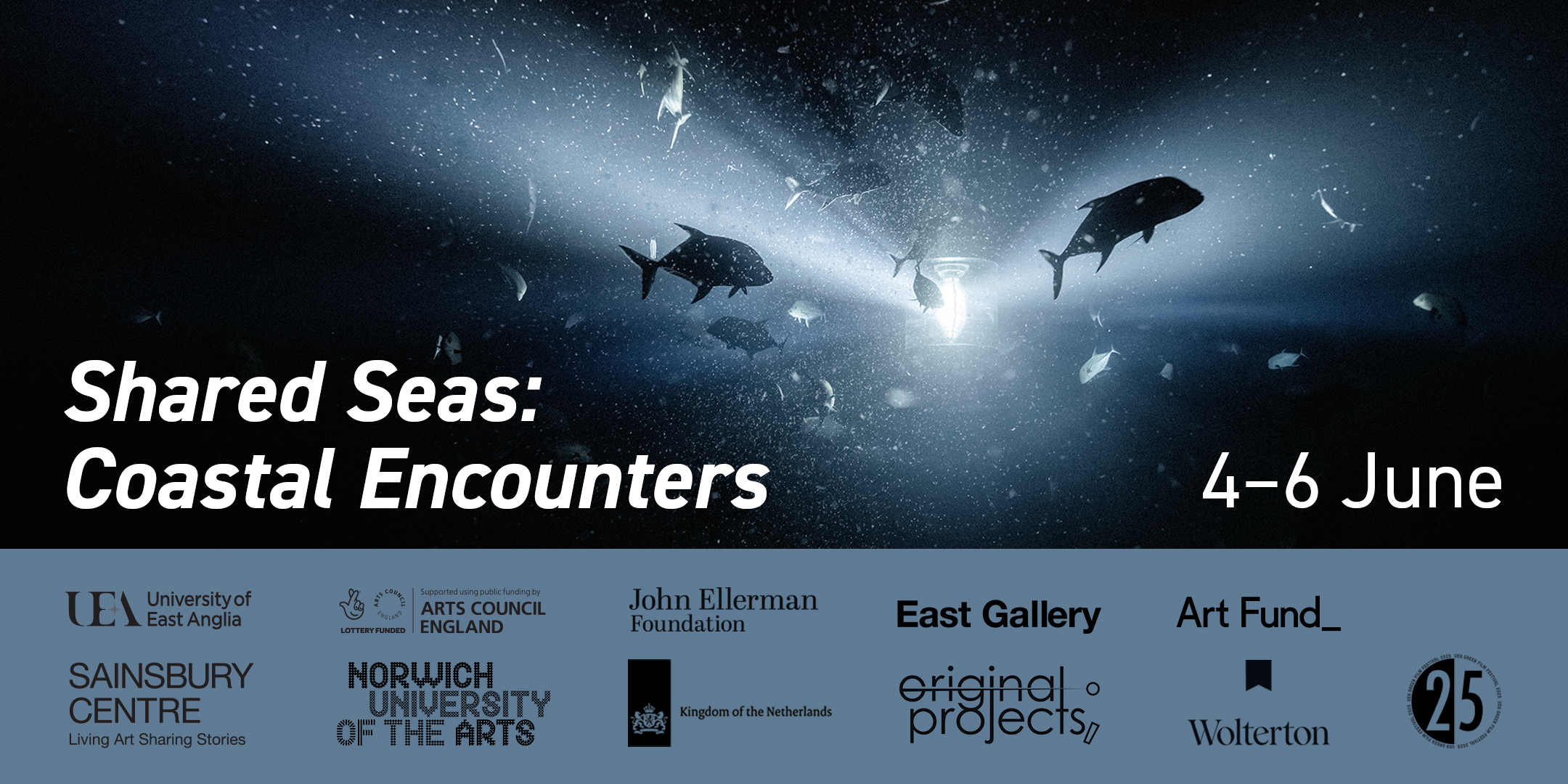 Silhouettes of fish swimming in sunlit ocean water with text: "Shared Seas: Coastal Encounters, 4–6 June" and sponsor logos at the bottom.