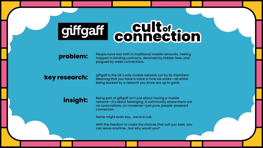 A colorful infographic titled "giffgaff cult of connection" explains how giffgaff differs from traditional mobile networks, highlighting problems, key research, and insights about community and consumer freedom.