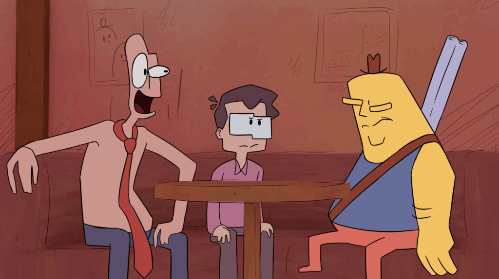 Three cartoon characters sit around a round table in a brown room.