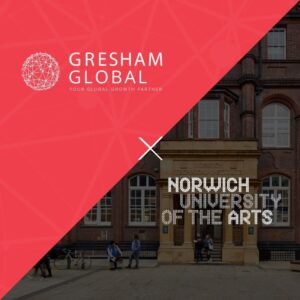 A split image with the Gresham Global logo and text on a red background on the top left, and Norwich University of the Arts building entrance with cyclists and pedestrians on the bottom right.