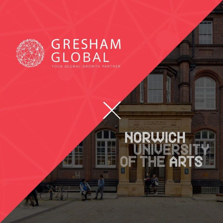 A split image with the Gresham Global logo and text on a red background on the top left, and Norwich University of the Arts building entrance with cyclists and pedestrians on the bottom right.