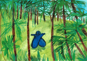 A blue figure sits on grass with arms crossed over their knees amid tall green trees and lush foliage, suggesting a feeling of solitude or contemplation in a vibrant forest setting—an evocative scene perfect for an exhibition.