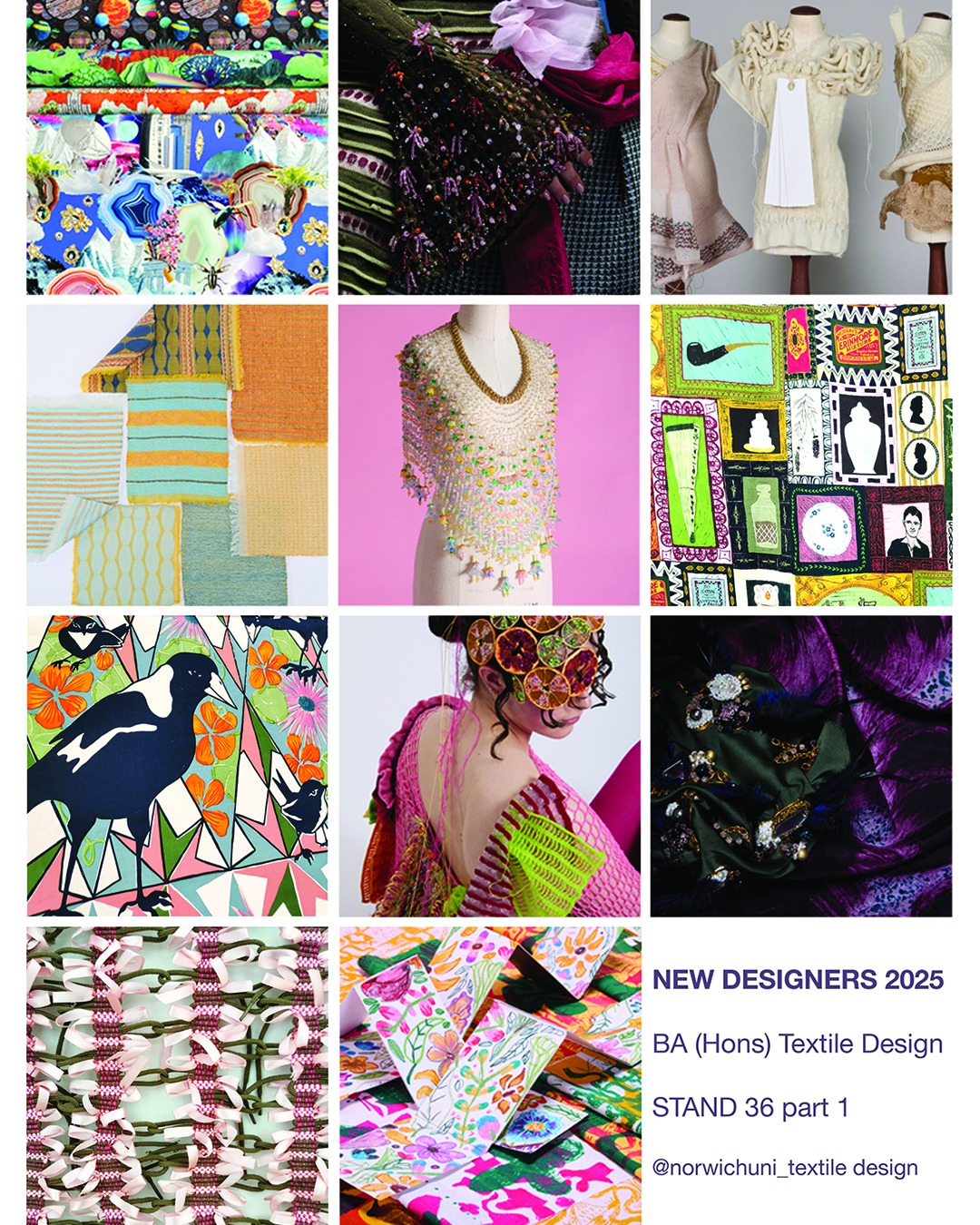 An image relating to Today is the day - come and see our graduates' textile design work on stand 36 @newdesigners 

The graduate projects feature knit, print, weave and embellishment for fashion, interiors and beyond, with wide-ranging concepts and industry relevance