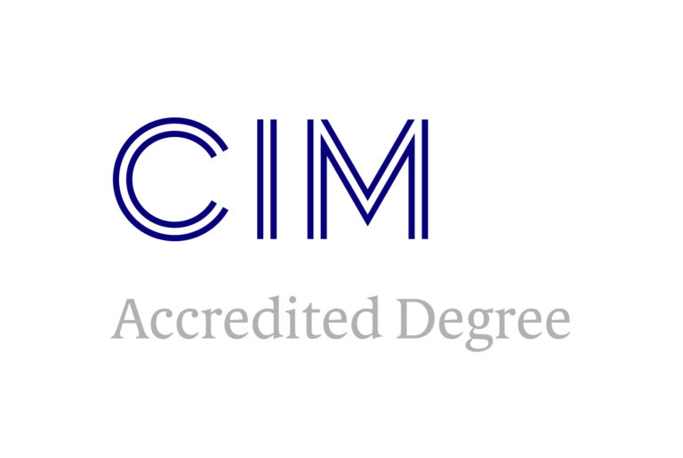 The image shows the letters "CIM" in bold, blue uppercase font above the words "Accredited Degree" in light gray on a white background.