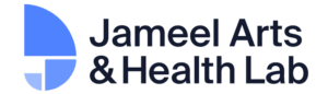 Logo for "Jameel Arts & Health Lab" with modern blue geometric shapes to the left of the text, resembling a stylized abstract form inspired by murals.