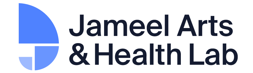 Logo for "Jameel Arts & Health Lab" with modern blue geometric shapes to the left of the text, resembling a stylized abstract form inspired by murals.