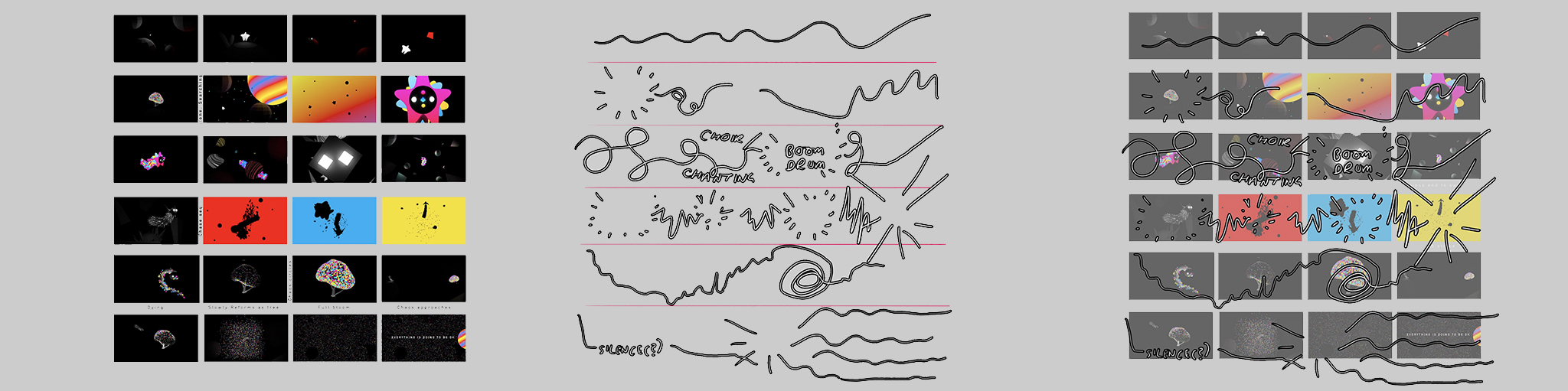 Three panels with grids of abstract digital artworks; each grid includes colorful shapes and patterns on dark backgrounds, overlaid with wavy hand-drawn black lines, scribbles, and some highlighted sections.