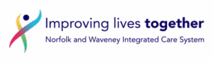 Logo with a colorful abstract person and the text "Improving lives together. Norfolk and Waveney Integrated Care System," highlighting the connection between creative arts and health.