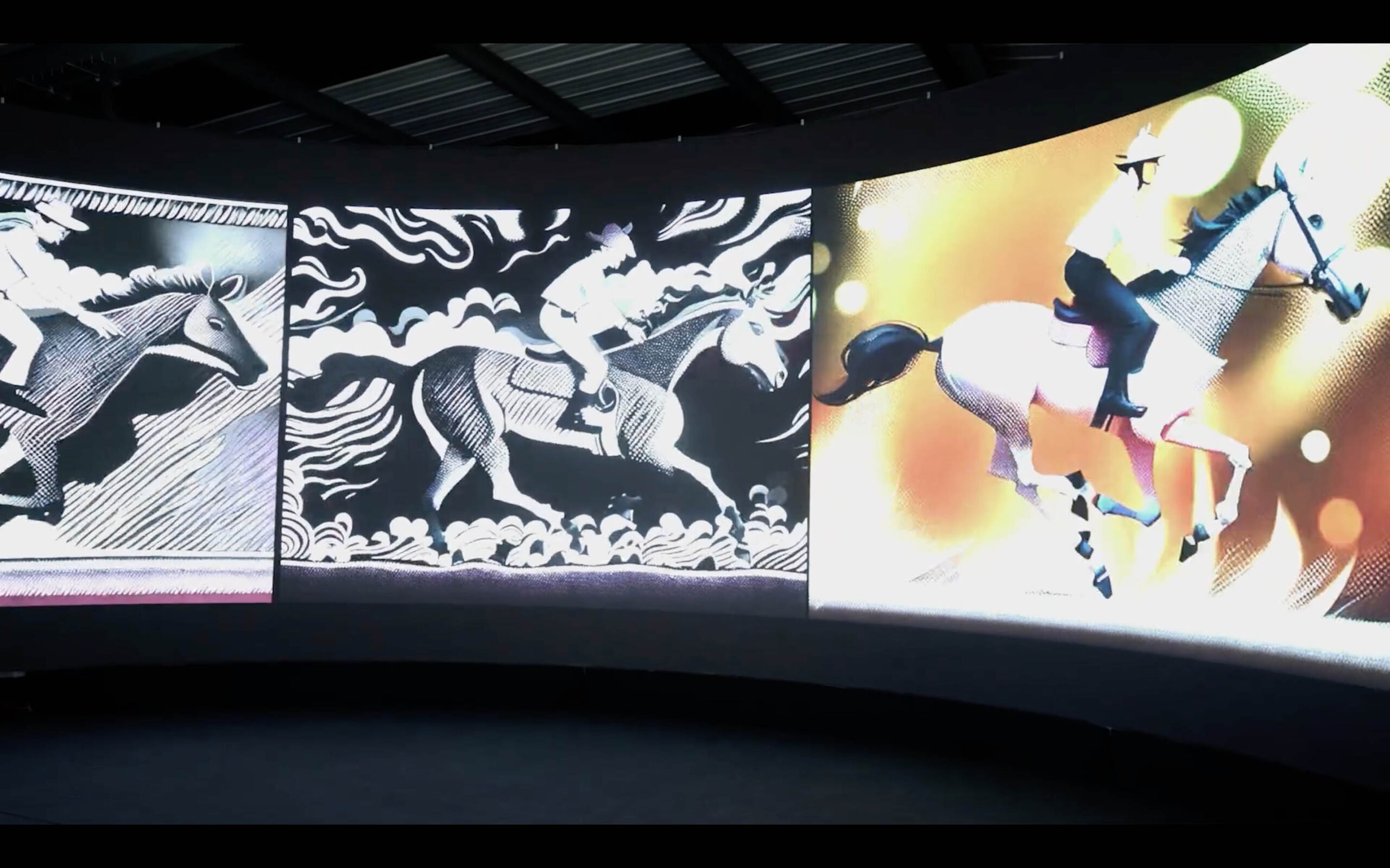A curved digital display shows two panels: on the left, a black-and-white drawing of a rider on a galloping horse; on the right, a colorful, stylized illustration of a person riding a horse against a bright background.