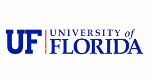 The image shows the University of Florida logo with large blue letters "UF" next to a vertical orange line and the words "University of Florida," resembling the bold designs often seen in campus murals, all set on a solid blue background.