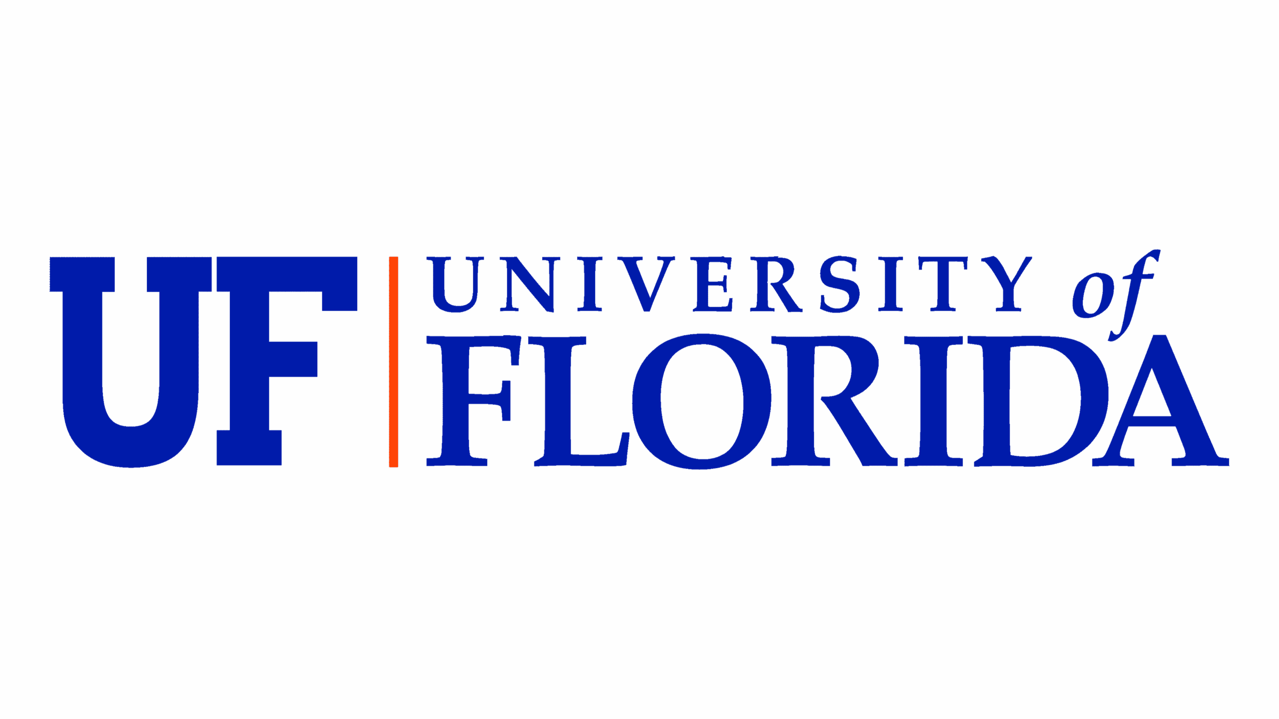 The image shows the University of Florida logo with large blue letters "UF" next to a vertical orange line and the words "University of Florida," resembling the bold designs often seen in campus murals, all set on a solid blue background.