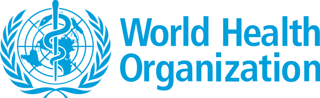The blue World Health Organization logo, featuring a globe, a staff with a snake, olive branches, and the text "World Health Organization," is often depicted in murals to promote global health awareness.